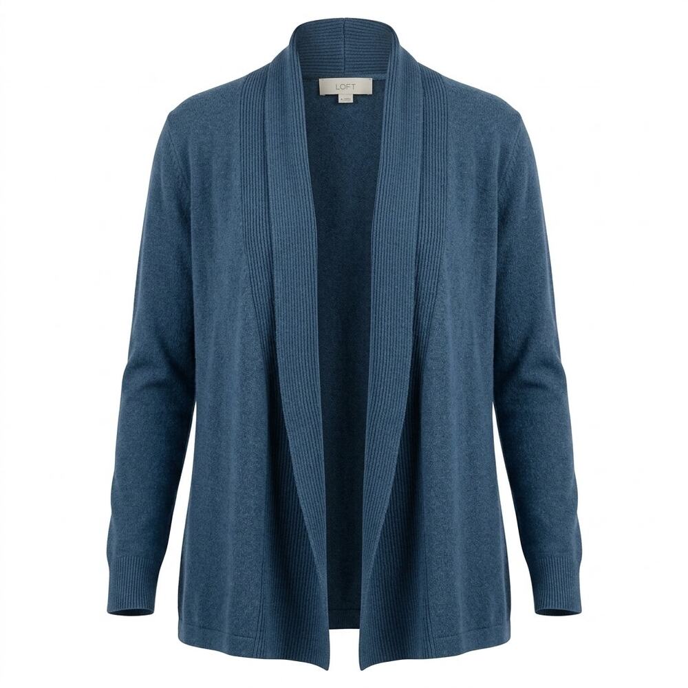 Loft Wool Blend Blue V-Neck Knit Stretch Cardigan Sweater Women Size M